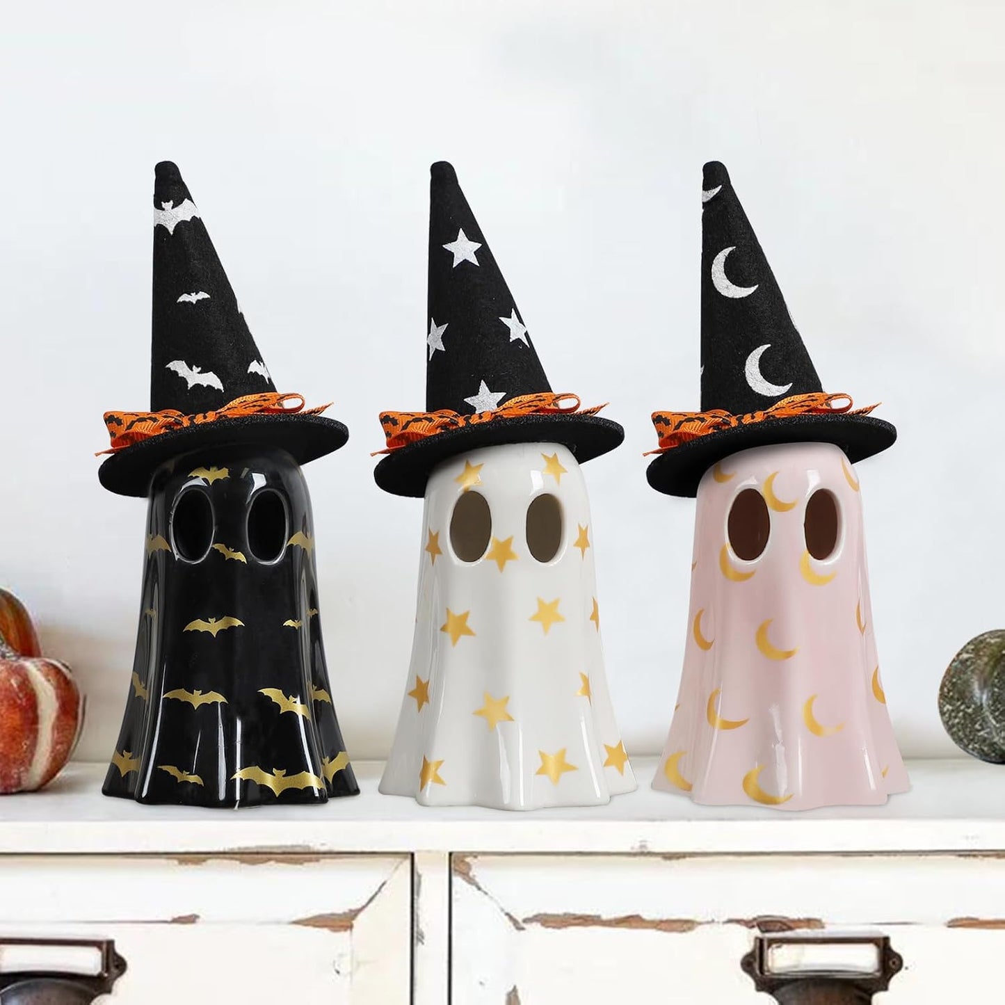 HOTROVEL Ceramic Ghost with Witch Hat Halloween Decorations