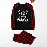 Merry Christmas Antler Contrast top and Buffalo Plaid Pants Family Matching Pajamas Set (with Pet Dog Clothes)