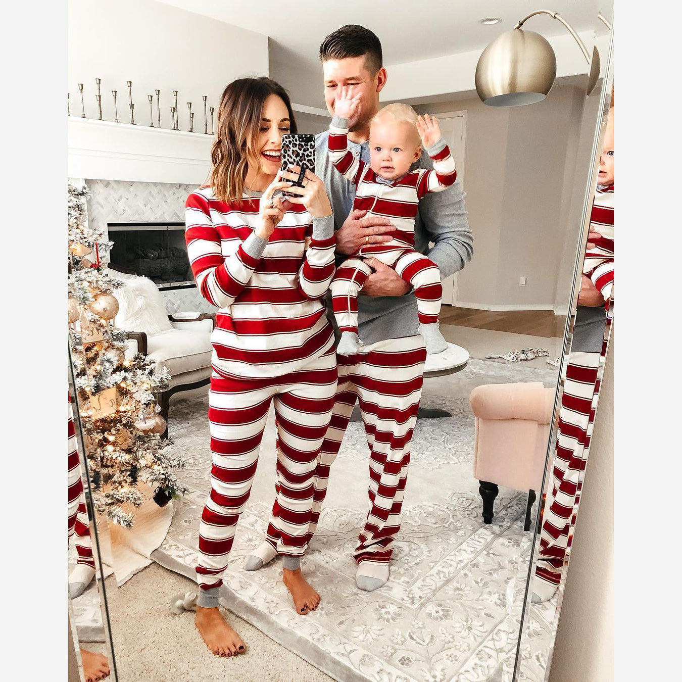 Christmas striped round collar baby pajamas set (with Pet Dog Clothes)