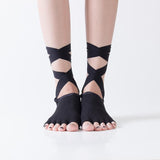 HJ Non-Slip Cotton Grain Open Toe Backless Lace Up Yoga Socks