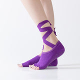 HJ Non-Slip Cotton Grain Open Toe Backless Lace Up Yoga Socks