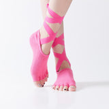 HJ Non-Slip Cotton Grain Open Toe Backless Lace Up Yoga Socks