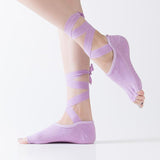 HJ Non-Slip Cotton Grain Open Toe Backless Lace Up Yoga Socks