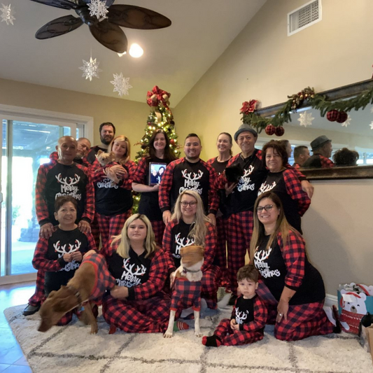 Merry Christmas Antler Contrast top and Buffalo Plaid Pants Family Matching Pajamas Set (with Pet Dog Clothes)