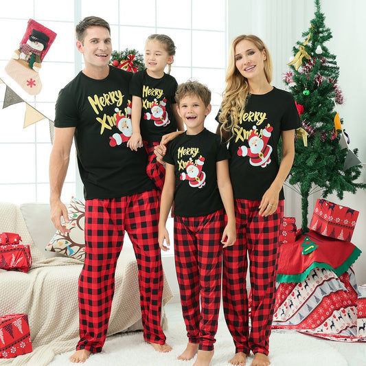 Christmas Print Black Short-sleeve Parent-child Pajamas Set