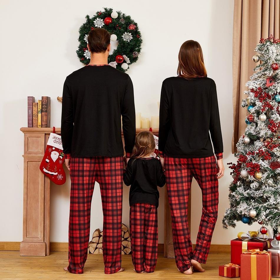 Christmas Team Santa Letter Print Buffalo Plaid Family Matching Pajamas Sets (with Pet Dog Clothes)