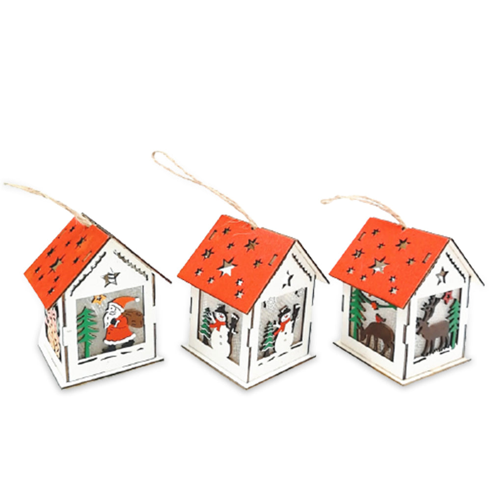 Christmas Trees Decorated Illuminated Log Cabins 3PCS